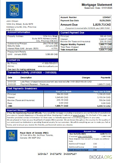 Canada Banque Royale du Canada (RBC) relevé de prêt hypothécaire bancaire scr